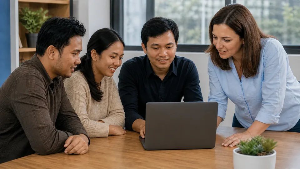 Angajați din Asia parcurgând împreună o lecție online, sprijiniți de un coordonator român